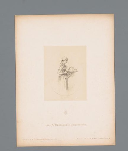 Photographic reproduction of a sketch of a maid with a tray of coffee by Albert Hendschel