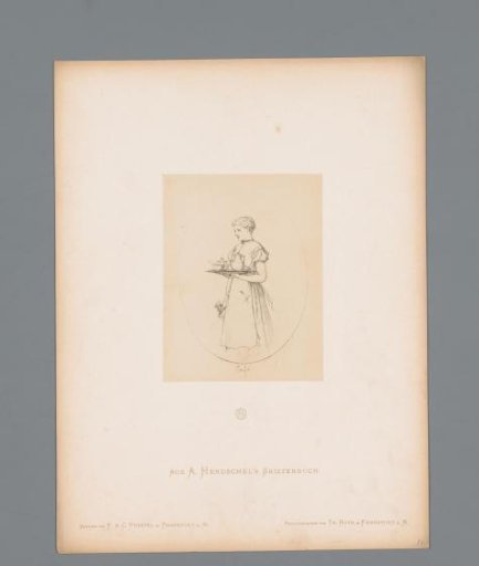 Photographic reproduction of a sketch of a maid with a tray of coffee by Albert Hendschel