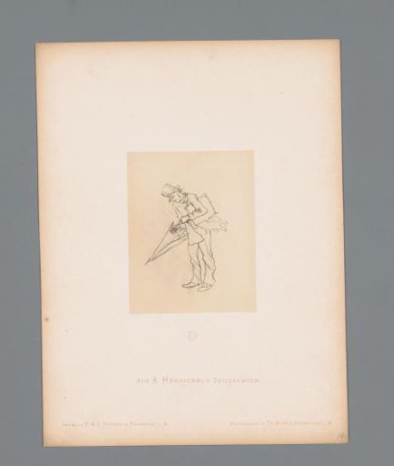 Photographic reproduction of a sketch of a man in the rain by Albert Hendschel