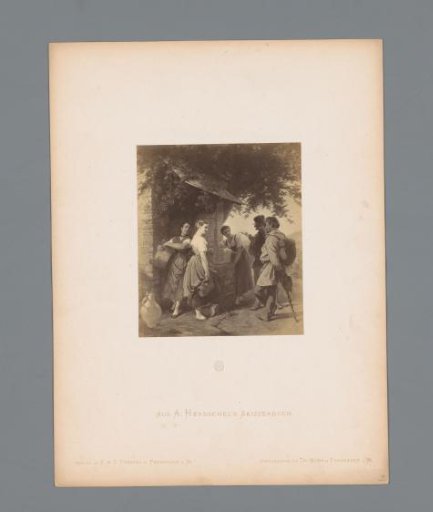Photographic reproduction of a sketch of three women and two men at a well by Albert Hendschel