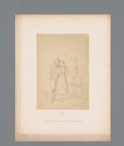 Photographic reproduction of a sketch of a lovers' pair at a well by Albert Hendschel