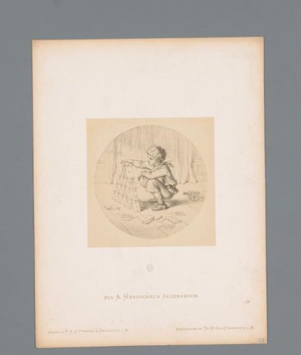 Photographic reproduction of a boy building a house of cards by Albert Hendschel