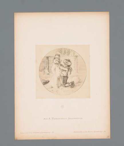Photographic reproduction of a sketch of a boy making a snowman by Albert Hendschel