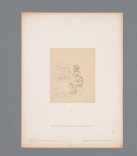 Photographic reproduction of a sketch of a shoemaker and a bird by Albert Hendschel