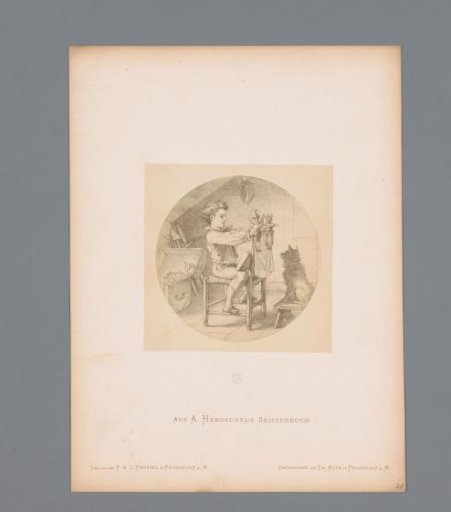 Photographic reproduction of a sketch of a boy performing a play with hand puppets for a dog by Albert Hendschel