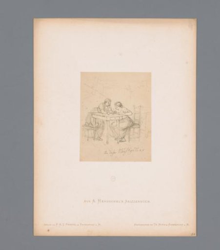 Photographic reproduction of a sketch of two women at a table writing a letter by Albert Hendschel