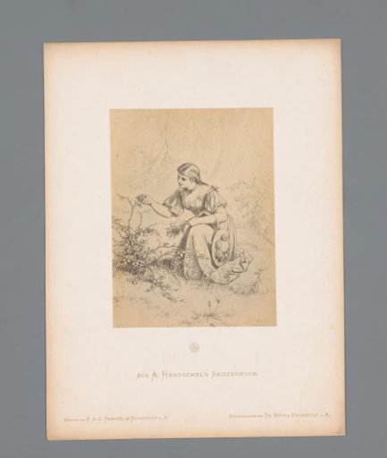 Photographic reproduction of a sketch of a girl picking flowers by Albert Hendschel