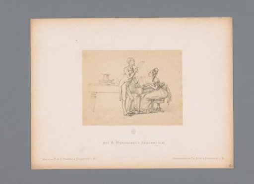 Photographic reproduction of a sketch of a woman at a piano and a man singing by Albert Hendschel