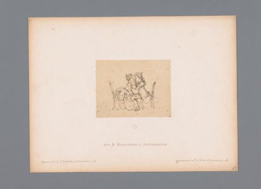 Photographic reproduction of a sketch of two children pretending to visit an eye doctor by Albert Hendschel