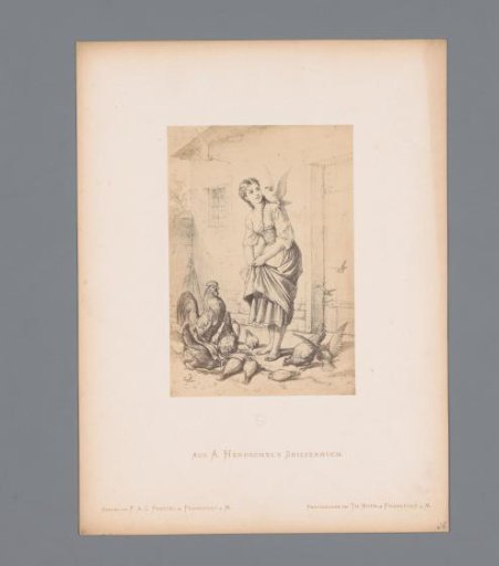 Photographic reproduction of a sketch of a woman feeding birds by Albert Hendschel