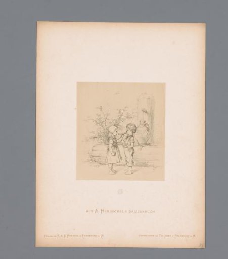 Photographic reproduction of a sketch of two children with a vase at a well by Albert Hendschel
