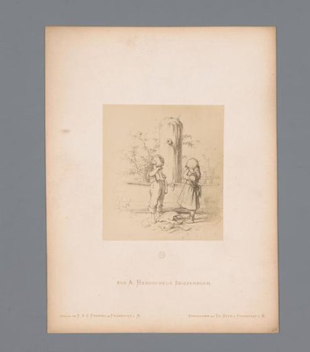 Photographic reproduction of a sketch of two crying children with a broken vase at a well by Albert Hendschel
