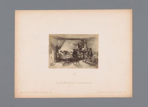 Photographic reproduction of a sketch of Snow White with the seven dwarfs by Albert Hendschel
