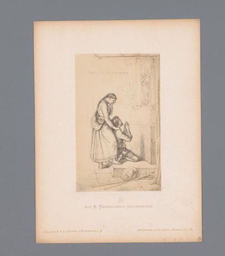 Photographic reproduction of a sketch of a sick man praying before an altar, by Albert Hendschel