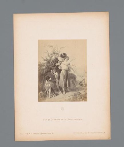 Photographic reproduction of a sketch of a hunter and his beloved by Albert Hendschel