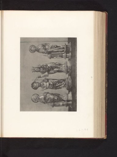 Four reliquary caskets in the form of sculptures from the Basilica of Our Lady in Tongeren, displayed at an exhibition of medieval and Renaissance religious objects in Mechelen in 1864
