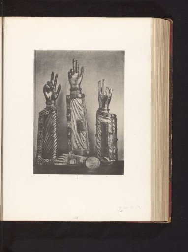 Three reliquary caskets in the form of a hand and one reliquary casket in the form of a foot, displayed at an exhibition of medieval and Renaissance religious objects in Mechelen in 1864