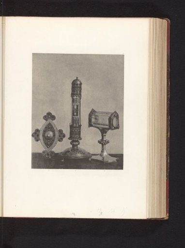 Banner and two metal monstrances, displayed at an exhibition of medieval and Renaissance religious objects in Mechelen in 1864