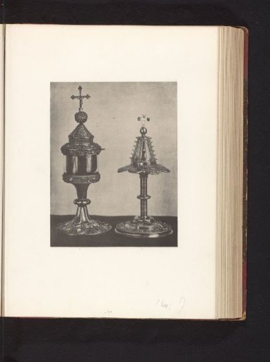 Two metal monstrances, displayed at an exhibition of medieval and Renaissance religious objects in Mechelen in 1864