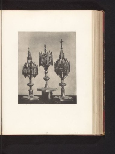 Three silver monstrances with relics, displayed at an exhibition of medieval and Renaissance religious objects in Mechelen in 1864