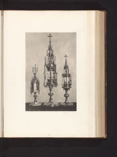 Three metal monstrances, displayed at an exhibition of medieval and Renaissance religious objects in Mechelen in 1864