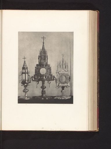 Three gilded monstrances, displayed at an exhibition of medieval and Renaissance religious objects in Mechelen in 1864