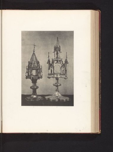 Two gilded monstrances, displayed at an exhibition of medieval and Renaissance religious objects in Mechelen in 1864