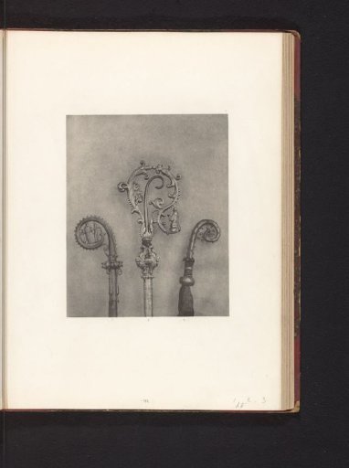 Three decorated bishop's croziers, displayed at an exhibition of religious objects from the Middle Ages and Renaissance in 1864 in Mechelen