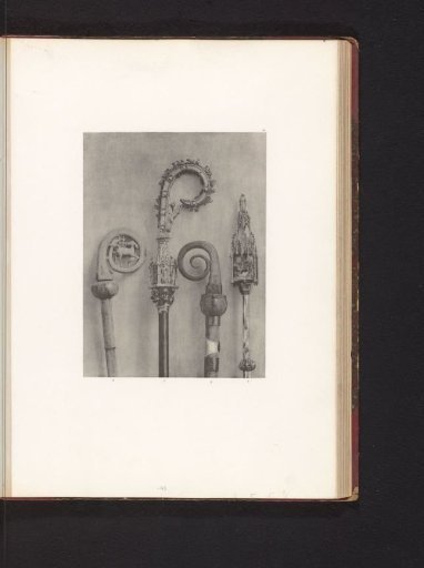 Four decorated bishop's croziers, displayed at an exhibition of religious objects from the Middle Ages and Renaissance in 1864 in Mechelen