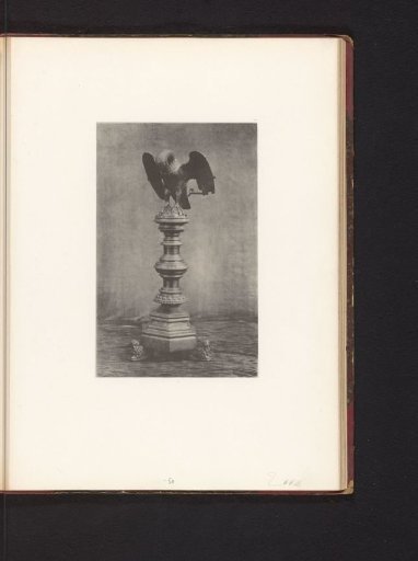 Sculpture of a pelican on a pedestal from the Basilica of St Martin in Halle, displayed at an exhibition of religious objects from the Middle Ages and Renaissance in 1864 in Mechelen