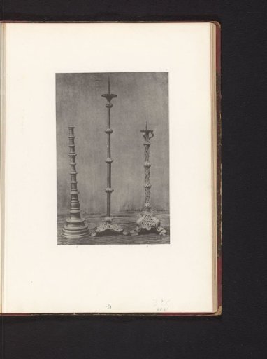 Three metal candelabra, displayed at an exhibition of religious objects from the Middle Ages and Renaissance in 1864 in Mechelen
