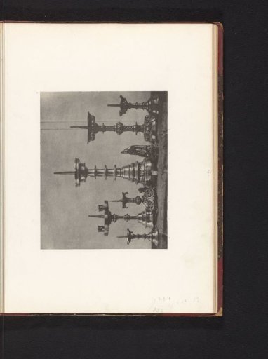 Seven metal candlesticks, displayed at an exhibition of religious objects from the Middle Ages and Renaissance in 1864 in Mechelen