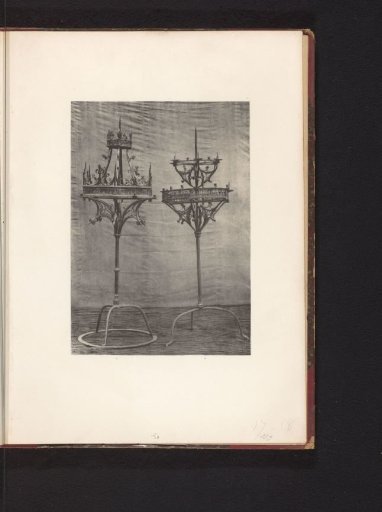 Two metal candlesticks with bases, displayed at an exhibition of medieval and Renaissance religious objects in Mechelen in 1864