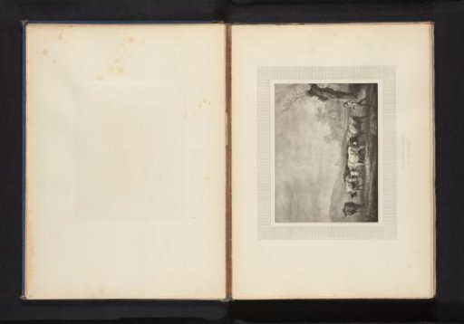 Reproduction of a print of a landscape with a cattle drover and a herd of oxen after Paulus Potter