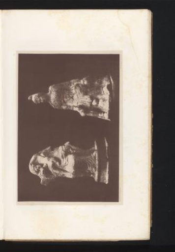 Two terracotta sculptures of two women in robes and a seated Paris