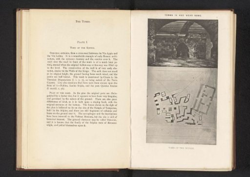 Interior and a photographic reproduction of a floor plan of the Tomb of the Scipiones