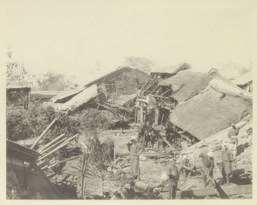 Destroyed houses at Biwajima after an earthquake