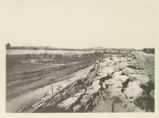 View of a collapsed railway bridge over the Nagara River in Japan after an earthquake