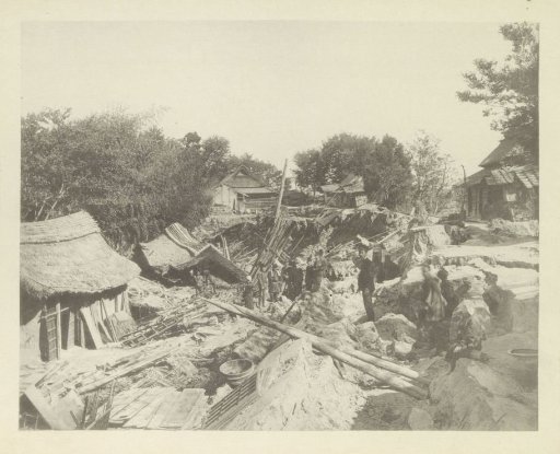Houses destroyed by an earthquake in Japan