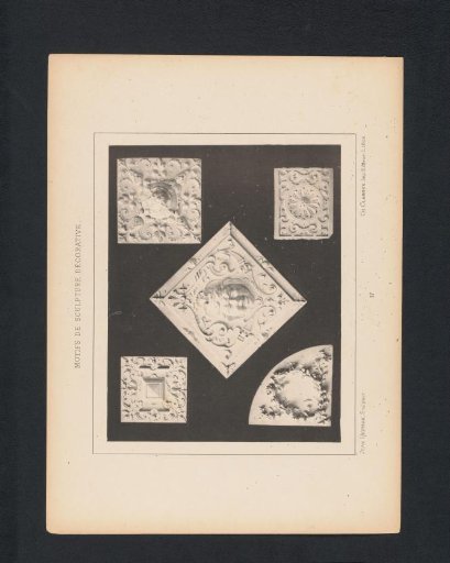 Five reliefs with organic elements and a face, sculpted by Jean Herman