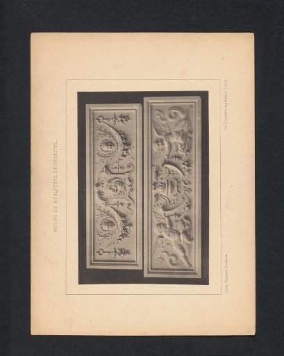 Two reliefs with faces, leafy vines, and putti, sculpted by Jean Herman
