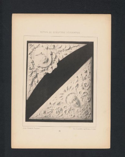 Two reliefs with leafy scrolls and faces, sculpted by Jean Herman