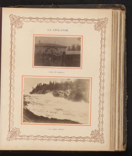 Travel party arriving at a hotel in Finland and a view of the Imatra waterfall, Finland