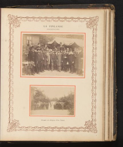 Two group portraits of the congressmen in a park in Helsinki, Finland