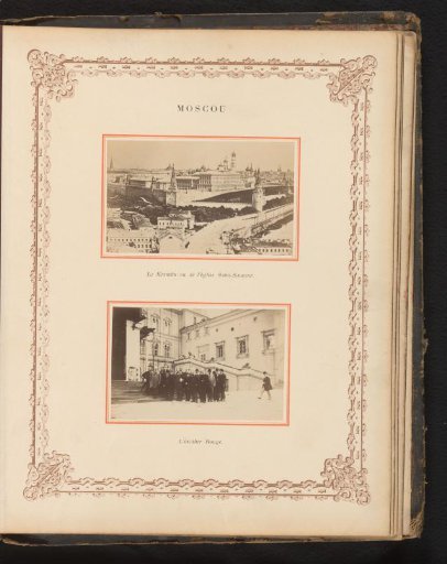 View of the Kremlin and a group portrait of the congressmen of the International Penitentiary Congress on Red Square in Moscow, Russia