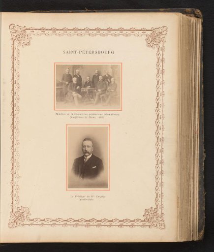 Group portrait of the members of the commission and a portrait of the chairman of the 1890 International Penitentiary Congress in St. Petersburg, Russia
