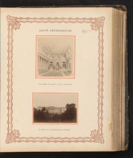 Photoreproduction of a drawing of a congress and a view of the Catherine Palace in St. Petersburg, Russia