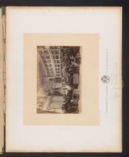 Photographic reproduction of a design for Leopold II of Belgium taking the oath during his inauguration on 17 December 1865 in Brussels