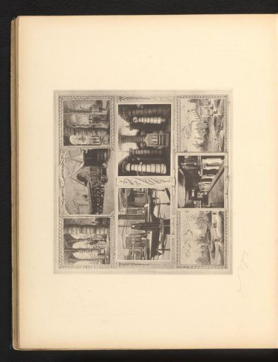 Reproduction of an engraving of the National Exhibition of 1880 in Brussels, incorporating four photographic portraits of visitors, by Armand Heins