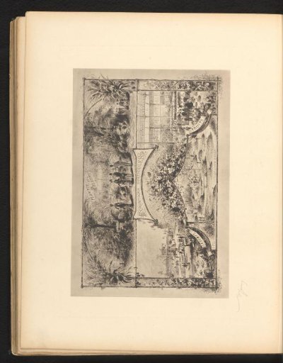 Reproduction of an engraving of a botanical garden at the National Exhibition of 1880 in Brussels, by Armand Heins